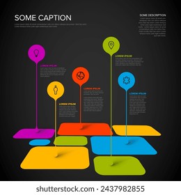 Vector multipurpose Infographic template made from droplet pointers on mosaic of rounded square items with icons, descriptions and legend. Multipurpose dark infochart infographic