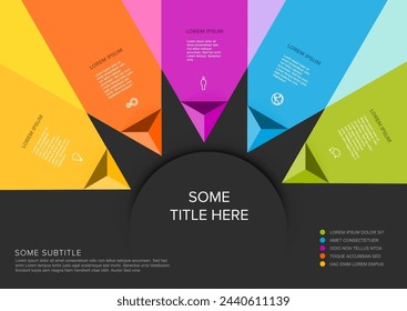 Vector multipurpose Infographic template made from title in big circle and five color pyramid arrow items with icons titles and descriptions. Multipurpose infochart template on dark background