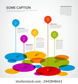 Vector multipurpose Infographic template made from droplet pointers on mosaic of circle items with icons, descriptions and legend. Multipurpose infochart infographic