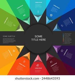 Vector multipurpose Infographic template made from title in big circle and ten color pyramid arrow items with icons titles and descriptions on dark background. Multipurpose infochart template