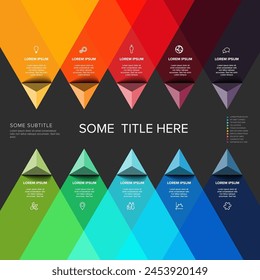 Vector multipurpose Infographic template made from title and ten color pyramid arrow items with icons titles and descriptions in two lines on dark background. Multipurpose infochart template