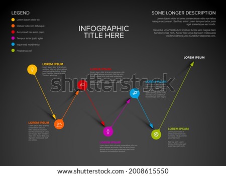 Vector multipurpose Infographic template made from pointer pins on abstract path with icons, descriptions and legend. Point to point path with arrow pin pointers and text elements dark version