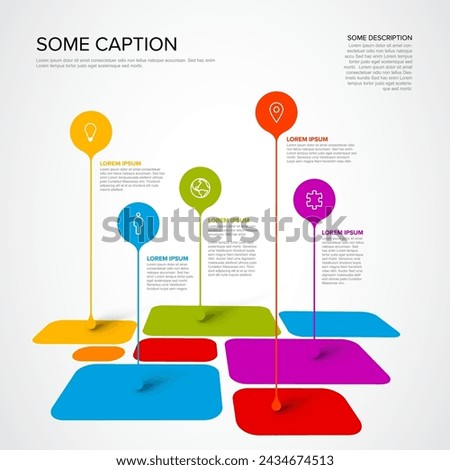 Vector multipurpose Infographic template made from droplet pointers on mosaic of rounded square items with icons, descriptions and legend. Multipurpose infochart infographic