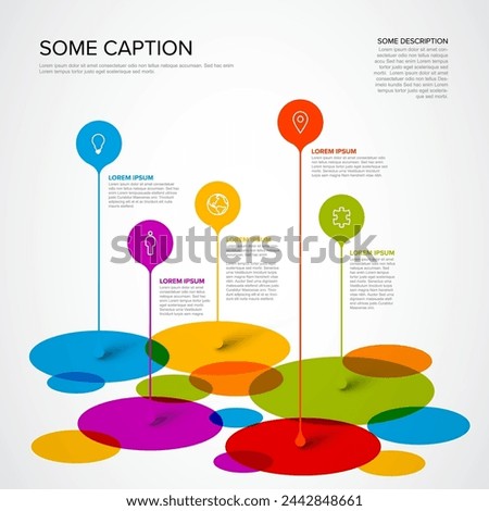 Vector multipurpose Infographic template made from droplet pointers on mosaic of circle items with icons, descriptions and legend. Multipurpose infochart infographic