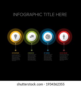 Vector multipurpose Infographic template set with four elements options in horizontal time line and modern colors on a dark background, each timeline item with icon part 4 from 6