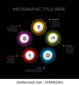 Vector multipurpose Infographic template set with five elements options in pentagon and modern colors on a dark background, each infographic with icon part 2 from 6