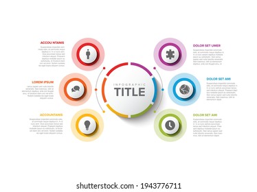 Plantilla Infográfica de multipropósito vectorial con título y seis opciones de elementos alrededor de un círculo grande. Infochart multipropósito con colores modernos. Infografía con círculos coloridos y fondo blanco