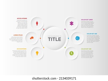 Vector multipurpose Infographic template with title and six elements options around big circle. Multipurpose Infochart with modern colors. Infographic with relief circles and light background