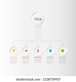 Plantilla Infográfica Vector multipropósito con título en botón grande y cinco opciones de elementos más pequeños. Infochart multipropósito con colores modernos. Infografía con círculos de alivio y fondo de luz