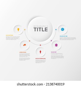 Plantilla Infográfica de multipropósito vectorial con título y cinco opciones de elementos alrededor de un círculo grande. Infochart multipropósito con colores modernos. Infografía con círculos de alivio y fondo de luz