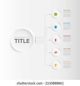 Plantilla Infográfica Vector multipropósito con título en círculo grande y cinco opciones de botón más pequeñas. Infochart multipropósito con colores modernos. Infografía con círculos de alivio y fondo de luz