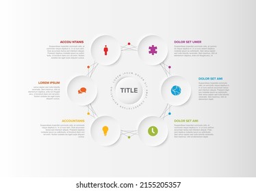 Vector multipurpose Infographic template with title and six elements options around middle circle. Multipurpose Infochart with modern colors. Infographic with relief circles and light background