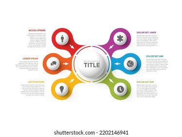 Vector multipurpose Infographic template with title and six sphere elements options around big sphere. Multipurpose Infochart with modern colors. Infographic with colorful options and white background