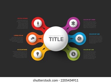 Plantilla Infográfica de multipropósito vectorial con título y seis opciones de elementos de esfera alrededor de la gran esfera. Infochart multipropósito con colores modernos. Infografía con opciones coloridas y fondo oscuro