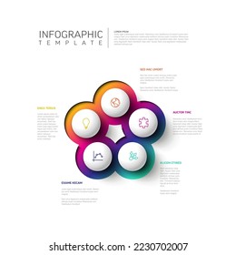 Plantilla Infográfica de multipropósito vectorial con títulos y cinco opciones de elementos de esfera alrededor. Infochart multipropósito con colores modernos. Infografía con opciones coloridas y fondo blanco