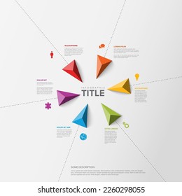 Infografik-Vorlage für Mehrzweck-Vektorgrafiken mit Titel und sechs Dreieck-Zeigerelementen, die mit dem Infografik-Titel in die Mitte gehen. MehrzweckInfochart mit modernen Farben. 