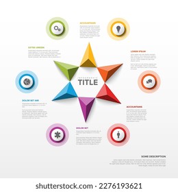 Plantilla infográfica vectorial multipropósito con opciones de título y seis elementos y colores modernos en un fondo blanco con iconos y flechas triangulares de gran pirámide