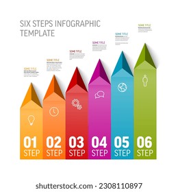 Vector multipurpose Infographic template with title and six vertical steps items. Multipurpose Infochart with modern colors stripe lines icons and pyramid triangle arrows pointing on one direction. 