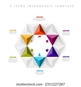 Plantilla infográfica vectorial multipropósito con título y seis elementos opciones y colores modernos en un fondo blanco con iconos y flechas triangulares de pirámide grande en forma hexagonal