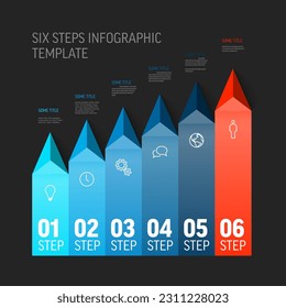 Vector multipurpose Infographic template with title and six vertical steps items. Multipurpose dark Infochart with modern colors stripe lines icons and pyramid triangle arrows pointing one direction. 