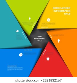 Vector multipropósito Plantilla Infográfica con título y seis papel de color triangular con textos e iconos de ejemplo. Infochart multipropósito con colores modernos. 