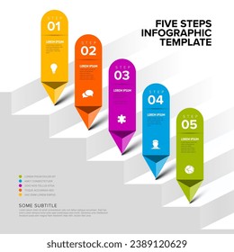 Vector multipurpose Infographic template with title and six steps arrow items on the stairs. Multipurpose Infochart with modern colors stripe lines icons and pyramid triangle arrows  