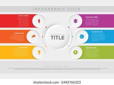 Vector multipropósito Infografía Plantilla con título y seis opciones de Elementos alrededor de gran círculo. Infochart multiusos con rayas de colores modernos. Infografía con círculos en relieve y fondo claro