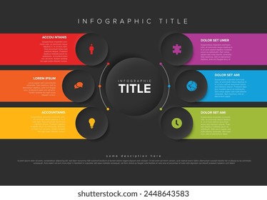 Vector multipropósito Infografía Plantilla con título y seis opciones de Elementos alrededor de gran círculo. Infochart multiusos con rayas de colores modernos. Infografía con círculos en relieve y fondo oscuro