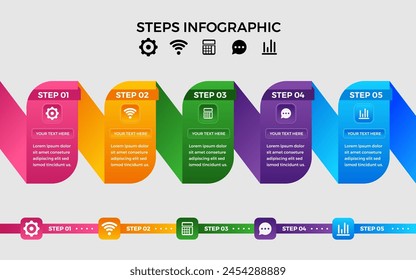 Vector multipropósito Infografía Plantilla con título y seis pasos. Infochart multiusos con colores modernos, líneas de franjas, iconos y flechas de triángulo piramidal apuntando en una dirección.