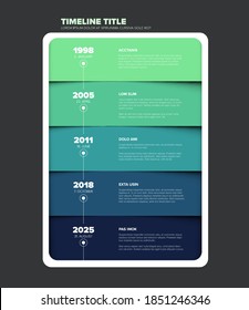 Vector multipurpose Infographic timeline template made from six  green and blue content blocks in white rounded container on dark background