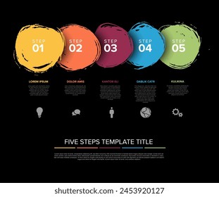 Vector multiusos simple oscuro progreso pasos de línea de tiempo Plantilla con descripciones, iconos y círculos hechos por el pincel de color - diseño de infochart artístico universal 