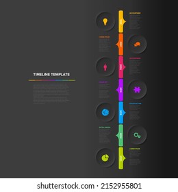 Vector multipropósito simple de la plantilla de pasos de la línea de tiempo de progreso vertical oscuro con descripciones, iconos y círculos - diseño de línea de tiempo de infografía minimalista universal