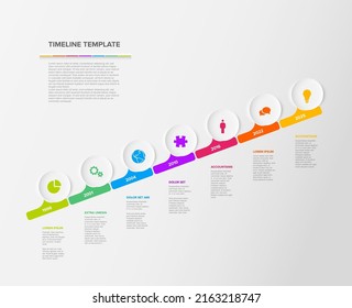 Vector multipurpose simple light diagonal progress timeline steps template with descriptions, icons and circles - universal minimalistic infochart time line layout