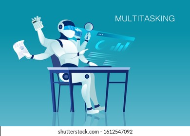 Vector of a multitasking robot sitting at office desk