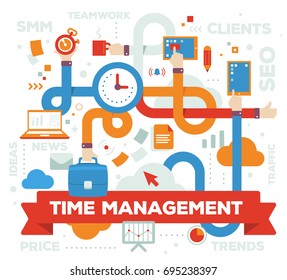Vector multitasking time management concept. Creative business illustration of many hands holding different objects on white background with word tags. Flat style design for management presentation