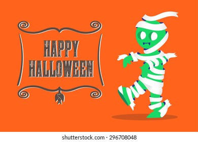 Vector : Mummy Monster walking and Happy Halloween banner on orange background,Vintage style Cartoon