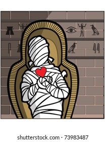 vector mummy in sarcophagus holding heart