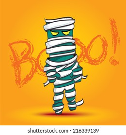 Vector : Mummy walk on yellow background with boo word, Halloween Cartoon