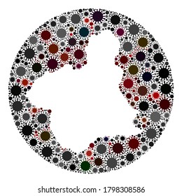Collage de mapas del virus SARS en la provincia de Vector Murcia. La infección ataca el territorio aislado desde la zona exterior. Collage de mapas de la provincia de Murcia en círculo de hoyos diseñado con elementos de infección.