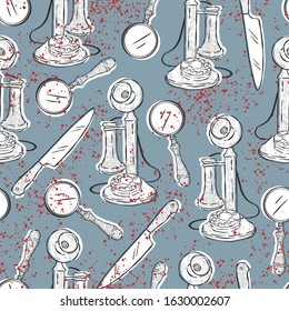 Vector murder mystery novel seamless pattern in retro style. Hand drawn illustration of old phone, knife, magnifier and blood stains. Book cover design.