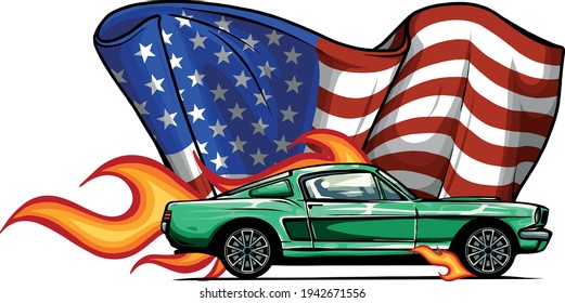 vector muscle car with flames and american flag