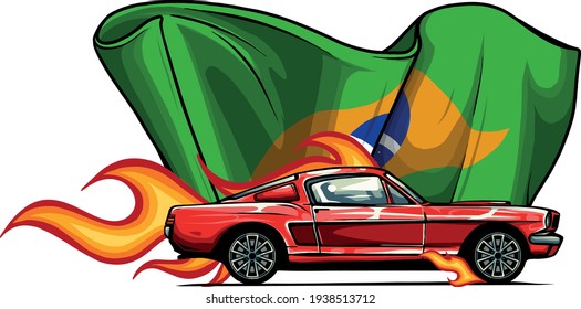 vector muscle car with flames and brazil flag