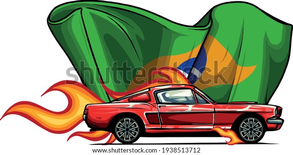 vector muscle car\
with flames and brazil\
flag