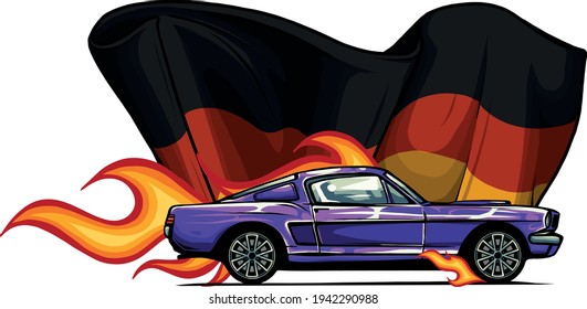 vehículo de músculo vectorial con llamas y bandera alemana