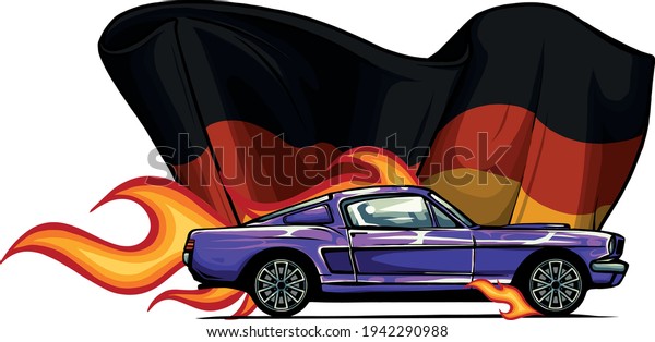 vector muscle car\
with flames and German\
flag