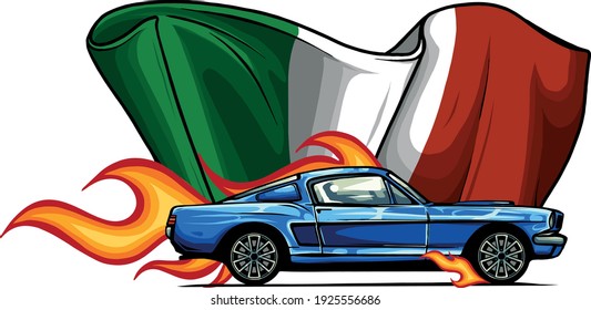 vector muscle car with flames and italian flag