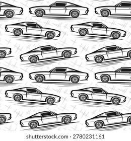 Vector Muscle Car seamless pattern, decorative automotive background with hand drawn liftback muscle car for bed linen, square placard with line art running us coupe car on white textured background