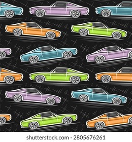 Vector Muscle Car seamless pattern, automotive background with hand drawn vintage muscle cars from 70s, square placard with multi colored artwork of old timer fast cars on black textured background