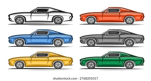 Vector Muscle Car Set, horizontal automotive placard with 6 cut out hand drawn old timer concept cars, collection of colorful artwork cliparts of running expensive muscle cars on white background