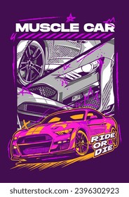 Diseño de camisetas de vehículo de vectores con ilustración de auto muscular usando estilo urbano por pxlgraph. Perfecto para el diseño de camisetas, fondo, póster y papel pintado.